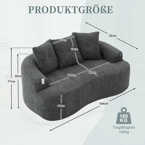 Canapé Compressé 2 Places 164x92x77cm, Assise Profonde, Chenille, Couleur Gris