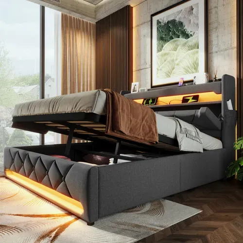 Lit Coffre 140x190 Cm, LED 360 Et Tête De Lit Avec Rangement, USB, Métal Et Bois, Lin Gris