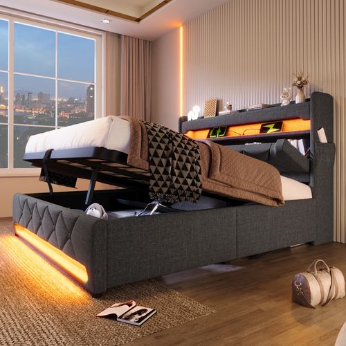 Lit Coffre 140x190 Cm, LED 360 Et Tête De Lit Avec Rangement, USB, Métal Et Bois, Lin Gris