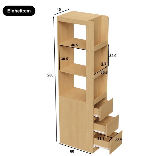Bibliothèque Étroite 60x40x200 Cm, 3 Tiroirs Et 3 Niches, Panneau De Particules, Couleur Bois