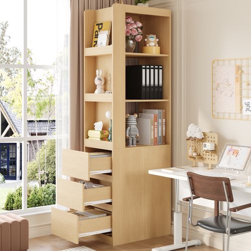 Bibliothèque Étroite 60x40x200 Cm, 3 Tiroirs Et 3 Niches, Panneau De Particules, Couleur Bois