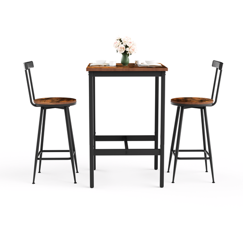 Ensemble Table De Bar 60x60x92 Cm, 2 Tabourets Avec Dossier, Acier Et Bois, Couleur Brun Et Noir