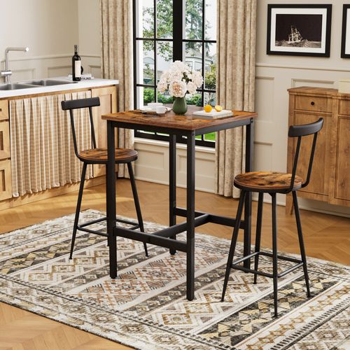Ensemble Table De Bar 60x60x92 Cm, 2 Tabourets Avec Dossier, Acier Et Bois, Couleur Brun Et Noir