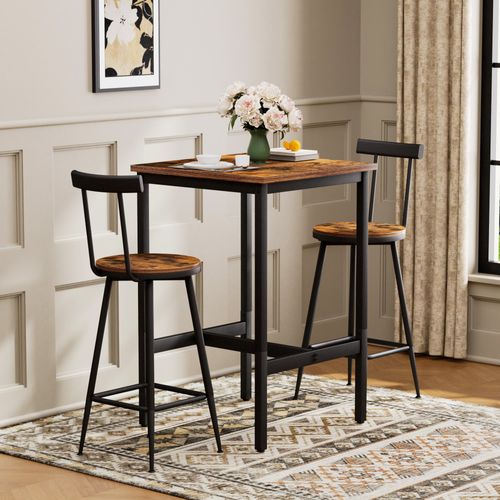 Ensemble Table De Bar 60x60x92 Cm, 2 Tabourets Avec Dossier, Acier Et Bois, Couleur Brun Et Noir