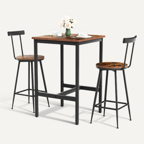 Ensemble Table De Bar 60x60x92 Cm, 2 Tabourets Avec Dossier, Acier Et Bois, Couleur Brun Et Noir