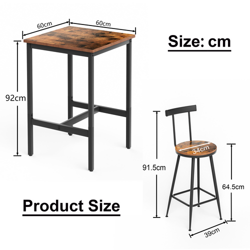 Ensemble Table De Bar 60x60x92 Cm, 2 Tabourets Avec Dossier, Acier Et Bois, Couleur Brun Et Noir