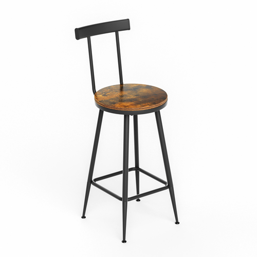 Ensemble Table De Bar 60x60x92 Cm, 2 Tabourets Avec Dossier, Acier Et Bois, Couleur Brun Et Noir