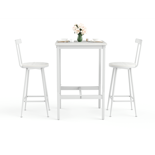 Ensemble Table De Bar 60x60x92 Cm, 2 Tabourets Avec Dossier, Métal Et Panneaux De Bois, Blanc