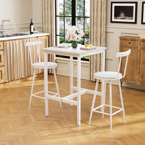 Ensemble Table De Bar 60x60x92 Cm, 2 Tabourets Avec Dossier, Métal Et Panneaux De Bois, Blanc