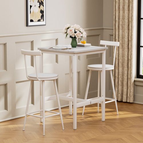 Ensemble Table De Bar 60x60x92 Cm, 2 Tabourets Avec Dossier, Métal Et Panneaux De Bois, Blanc