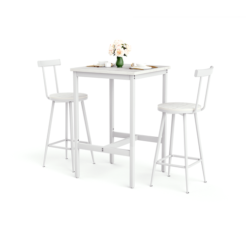 Ensemble Table De Bar 60x60x92 Cm, 2 Tabourets Avec Dossier, Métal Et Panneaux De Bois, Blanc