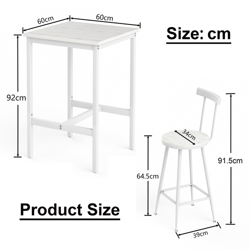 Ensemble Table De Bar 60x60x92 Cm, 2 Tabourets Avec Dossier, Métal Et Panneaux De Bois, Blanc