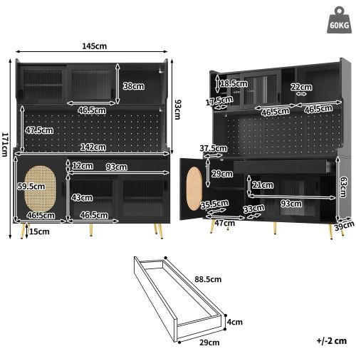 Buffet De Cuisine 145x39x171 Cm, LED Pilotable Via Appli, 1 Tiroir, 2 Niches, Mdf, Métal, Noir+doré