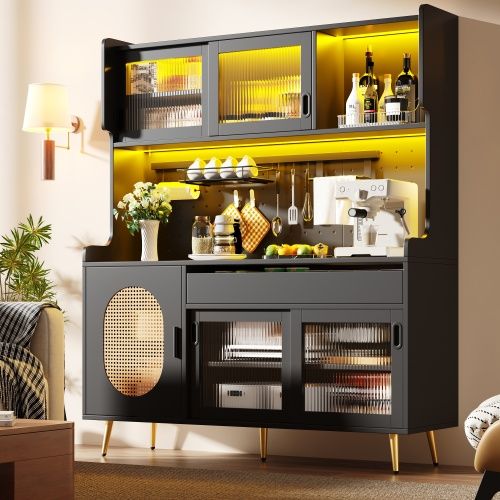 Buffet De Cuisine 145x39x171 Cm, LED Pilotable Via Appli, 1 Tiroir, 2 Niches, Mdf, Métal, Noir+doré