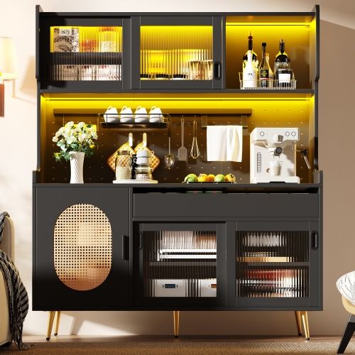 Buffet De Cuisine 145x39x171 Cm, LED Pilotable Via Appli, 1 Tiroir, 2 Niches, Mdf, Métal, Noir+doré