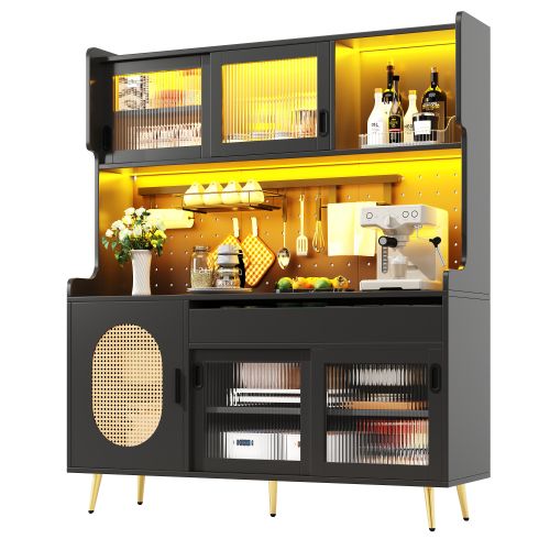 Buffet De Cuisine 145x39x171 Cm, LED Pilotable Via Appli, 1 Tiroir, 2 Niches, Mdf, Métal, Noir+doré