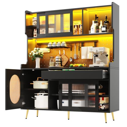 Buffet De Cuisine 145x39x171 Cm, LED Pilotable Via Appli, 1 Tiroir, 2 Niches, Mdf, Métal, Noir+doré