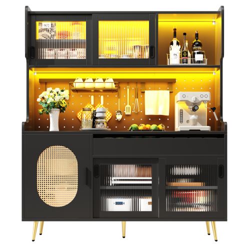 Buffet De Cuisine 145x39x171 Cm, LED Pilotable Via Appli, 1 Tiroir, 2 Niches, Mdf, Métal, Noir+doré