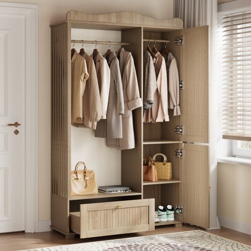Armoire Dressing 115,5x38,5x194,5 Cm, Porte Avec Miroir, Penderie Ouverte, Tiroir, Mdf, Couleur Bois