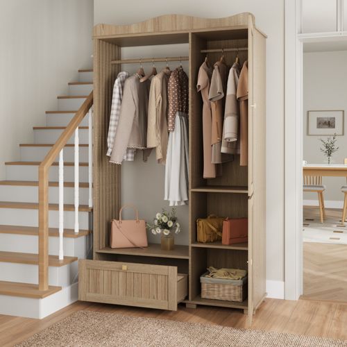 Armoire Dressing 115,5x38,5x194,5 Cm, Porte Avec Miroir, Penderie Ouverte, Tiroir, Mdf, Couleur Bois