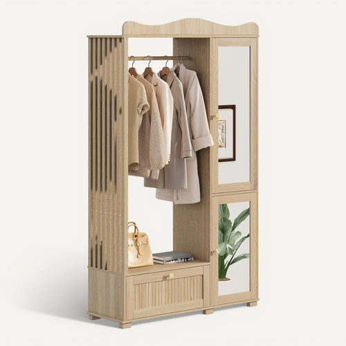 Armoire Dressing 115,5x38,5x194,5 Cm, Porte Avec Miroir, Penderie Ouverte, Tiroir, Mdf, Couleur Bois