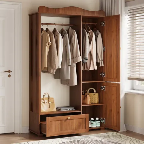 Armoire Penderie 115,5x38,5x194,5 Cm, Miroir Intégré, 1 Tiroir Et 2 Portes, Mdf, Brun