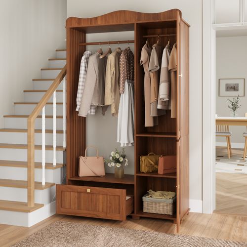 Armoire Penderie 115,5x38,5x194,5 Cm, Miroir Intégré, 1 Tiroir Et 2 Portes, Mdf, Brun