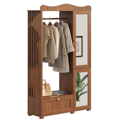 Armoire Penderie 115,5x38,5x194,5 Cm, Miroir Intégré, 1 Tiroir Et 2 Portes, Mdf, Brun