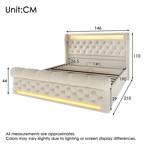 Lit Coffre 140x190 Cm, LED Et Ports USB C, Rangement Caché, Velours, Métal, Bois, Beige