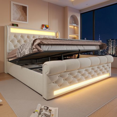 Lit Coffre 140x190 Cm, LED Et Ports USB C, Rangement Caché, Velours, Métal, Bois, Beige