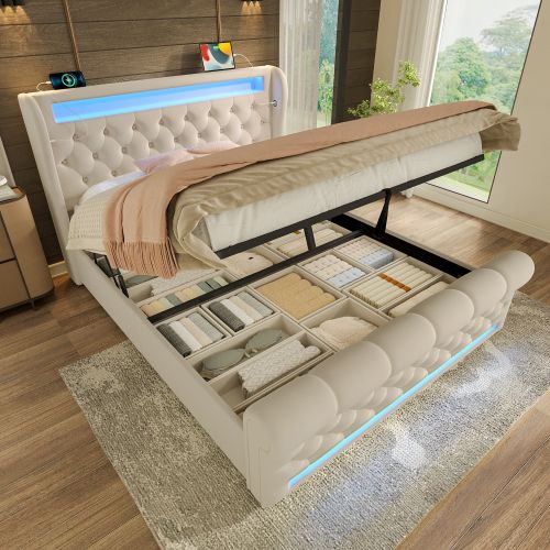 Lit Coffre 140x190 Cm, LED Et Ports USB C, Rangement Caché, Velours, Métal, Bois, Beige