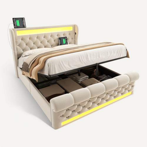 Lit Coffre 140x190 Cm, LED Et Ports USB C, Rangement Caché, Velours, Métal, Bois, Beige