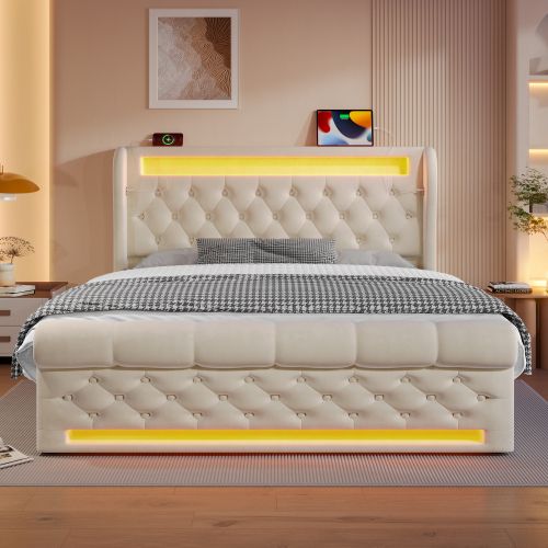 Lit Coffre 140x190 Cm, LED Et Ports USB C, Rangement Caché, Velours, Métal, Bois, Beige