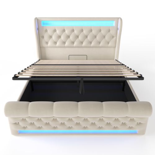 Lit Coffre 140x190 Cm, LED Et Ports USB C, Rangement Caché, Velours, Métal, Bois, Beige