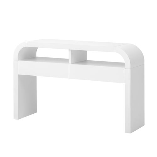 Table Console 120x35,5x76,5 Cm, 2 Tiroirs Et Étagères Ouvertes, Mdf, Blanc