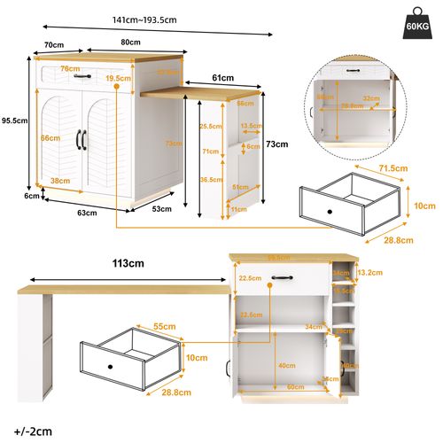 Îlot De Cuisine 141-193.5x70x101.5 Cm, Table Extensible, 2 Tiroirs, 4 Portes, Mdf, Métal, Blanc+bois
