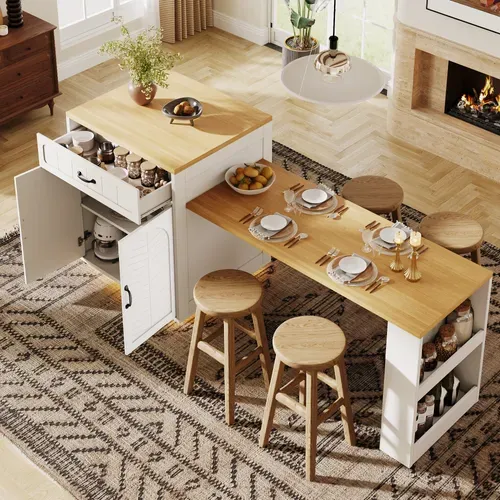 Îlot De Cuisine 141-193.5x70x101.5 Cm, Table Extensible, 2 Tiroirs, 4 Portes, Mdf, Métal, Blanc+bois