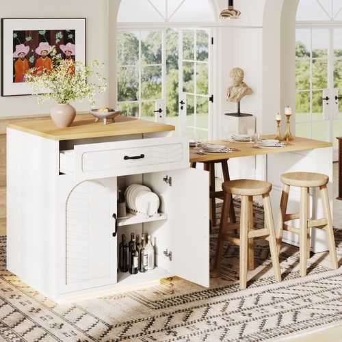 Îlot De Cuisine 141-193.5x70x101.5 Cm, Table Extensible, 2 Tiroirs, 4 Portes, Mdf, Métal, Blanc+bois