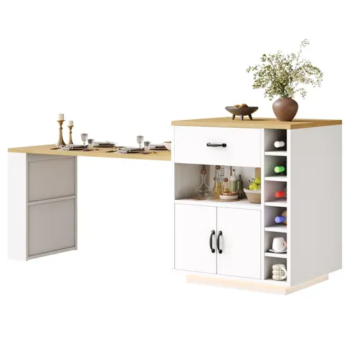 Îlot De Cuisine 141-193.5x70x101.5 Cm, Table Extensible, 2 Tiroirs, 4 Portes, Mdf, Métal, Blanc+bois