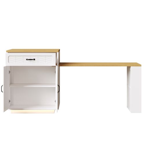 Îlot De Cuisine 141-193.5x70x101.5 Cm, Table Extensible, 2 Tiroirs, 4 Portes, Mdf, Métal, Blanc+bois