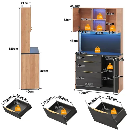 Buffet De Cuisine Haut 100x40x180 Cm, LED Réglable, Mdf, Prise Intégrée, Couleur Bois+noir