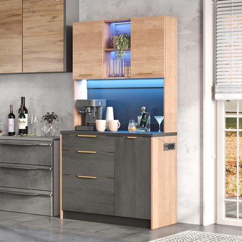 Buffet De Cuisine Haut 100x40x180 Cm, LED Réglable, Mdf, Prise Intégrée, Couleur Bois+noir