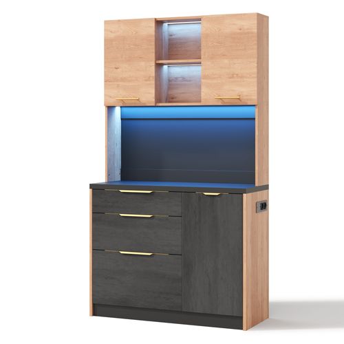 Buffet De Cuisine Haut 100x40x180 Cm, LED Réglable, Mdf, Prise Intégrée, Couleur Bois+noir