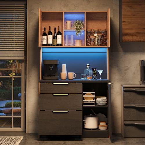 Buffet De Cuisine Haut 100x40x180 Cm, LED Réglable, Mdf, Prise Intégrée, Couleur Bois+noir