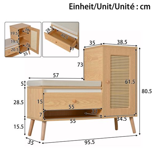 Meuble à Chaussures 95,5x35x80,5 Cm, Assise Avec 1 Porte En Rotin, 1 Tiroir, Mdf, Couleur Bois