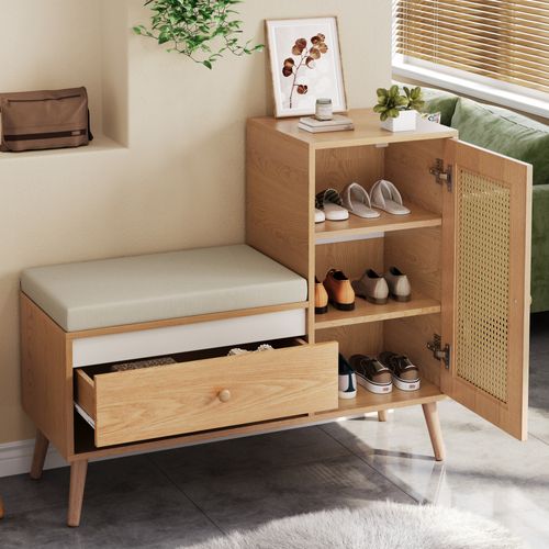 Meuble à Chaussures 95,5x35x80,5 Cm, Assise Avec 1 Porte En Rotin, 1 Tiroir, Mdf, Couleur Bois
