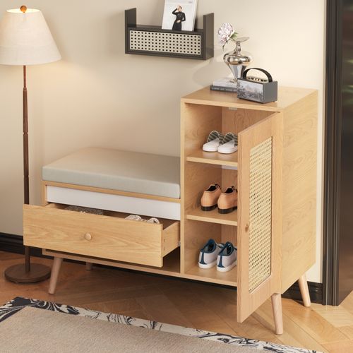 Meuble à Chaussures 95,5x35x80,5 Cm, Assise Avec 1 Porte En Rotin, 1 Tiroir, Mdf, Couleur Bois