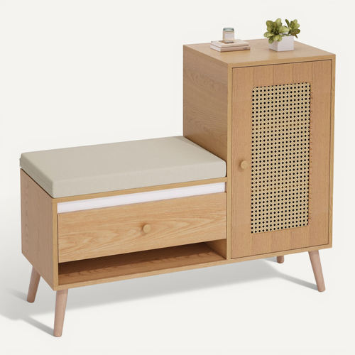 Meuble à Chaussures 95,5x35x80,5 Cm, Assise Avec 1 Porte En Rotin, 1 Tiroir, Mdf, Couleur Bois