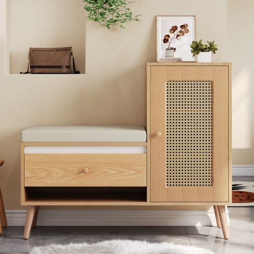 Meuble à Chaussures 95,5x35x80,5 Cm, Assise Avec 1 Porte En Rotin, 1 Tiroir, Mdf, Couleur Bois
