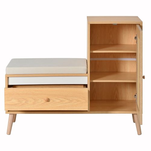 Meuble à Chaussures 95,5x35x80,5 Cm, Assise Avec 1 Porte En Rotin, 1 Tiroir, Mdf, Couleur Bois